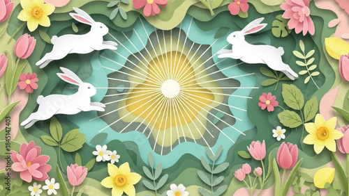Paper Cut Spring Scene with Running Easter Bunnies and Floral Art