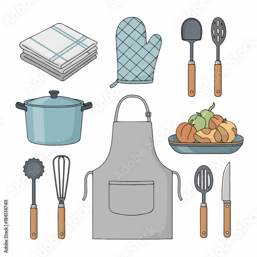 Vector illustration of cooking tools and kitchenware essentials: apron, pot, utensils, oven mitt, towels, and harvest vegetables.