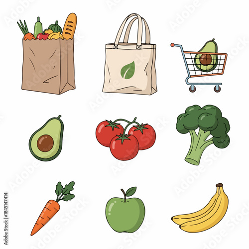 Hand-drawn illustration set featuring grocery shopping items, fresh fruits and vegetables like avocado, banana, carrot, and broccoli, along with eco-friendly paper and tote bags.