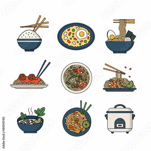 A set of vector icons illustrating various international noodle, rice, and pasta dishes, including ramen, pad thai, spaghetti, and a rice cooker appliance.