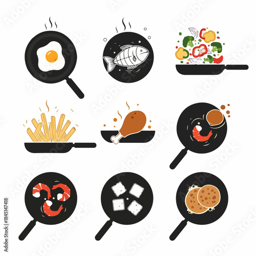 Flat Vector Icons Set of Cooking Food in Frying Pans, Including Egg, Fish, Vegetables, Fries, Chicken, Shrimp, Tofu, and Pancakes.