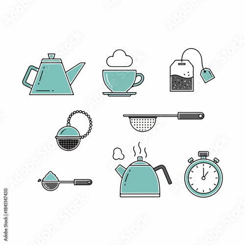 Flat line icons for tea brewing process: teapot, kettle, cup, strainer, infuser, tea bag, and stopwatch isolated on white.