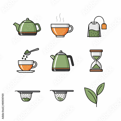 Cute collection of tea preparation icons, including teapot, kettle, teacup, teabag, strainer, hourglass, and tea leaves.