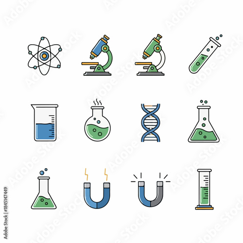 A collection of colored doodle icons representing various scientific fields including chemistry, biology, physics, and laboratory research equipment on a white background.