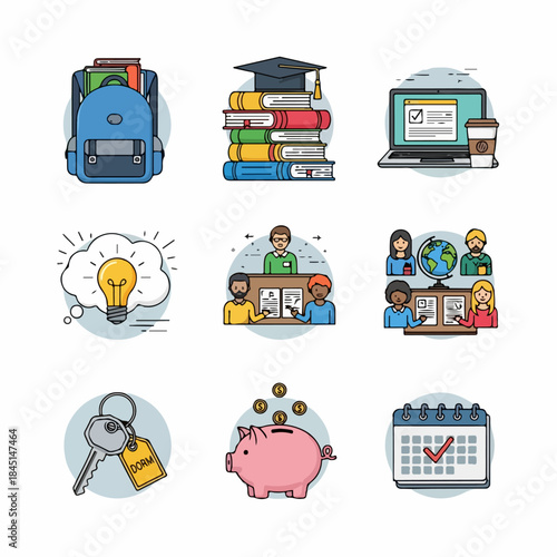 College and University Student Life Icon Set: Including Academics, Finances, Dormitory Keys, Registration, and Ideas.