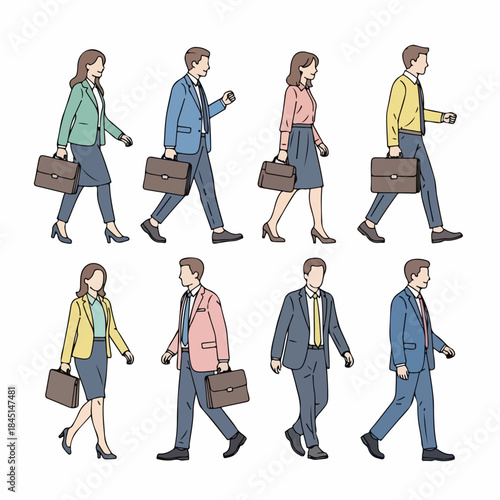 Business people walking set. Hand-drawn style illustration of office workers commuting with briefcases, depicting movement and professional life.