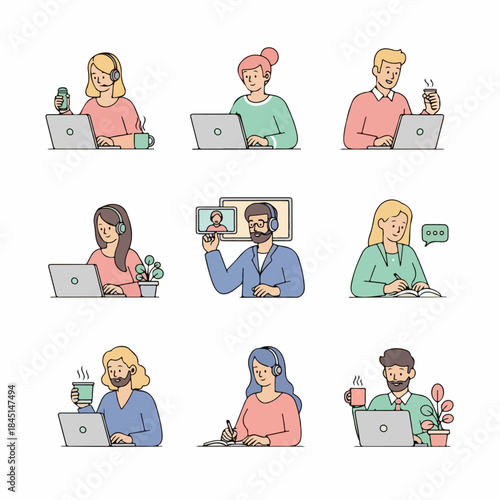 Set of illustrations showing diverse people working remotely on laptops, attending video calls, and studying from home.