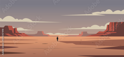 silhouette person walking alone in dessert , travel holiday tourism poster banner, mental health awareness concept