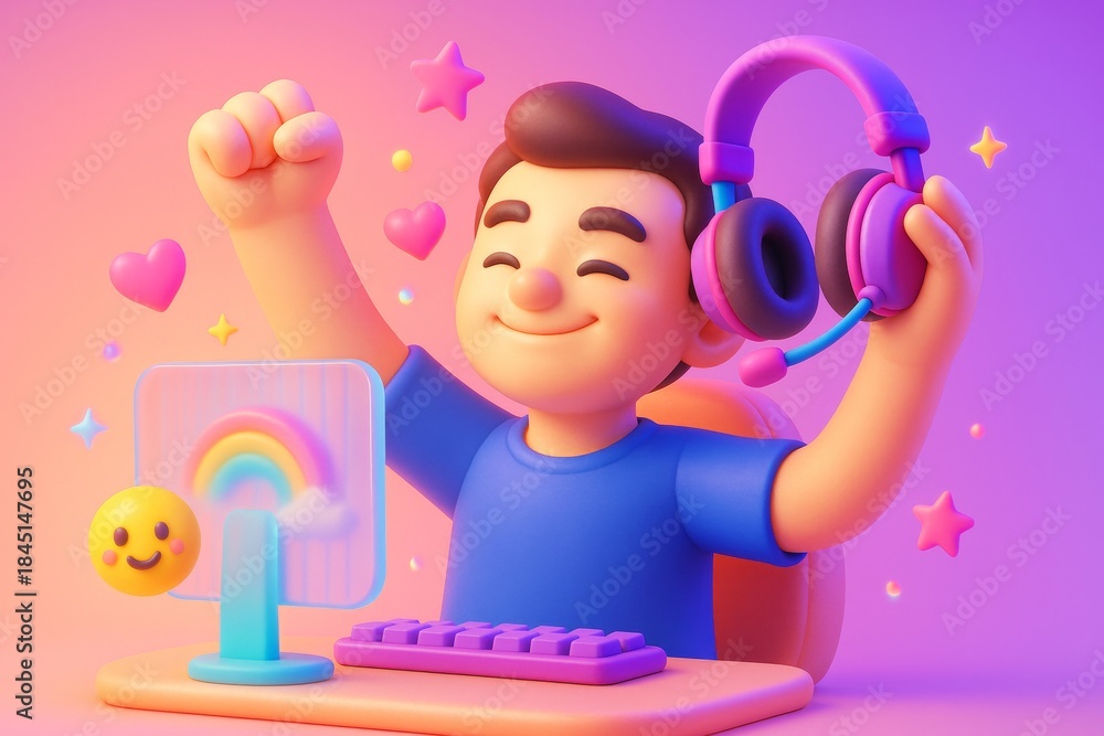 Naklejka premium Happy gamer boy celebrating victory at computer desk with headset and colorful emojis in vibrant 3D cartoon style on pink-purple background. Ai generative