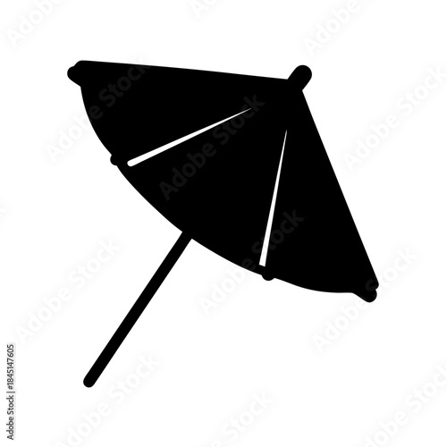 A minimalist black and white icon illustration featuring a classic cocktail umbrella silhouette