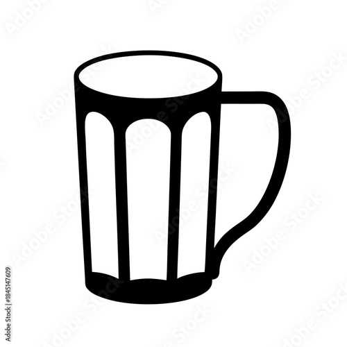 A simple black and white icon of a beer mug or tankard with a handle