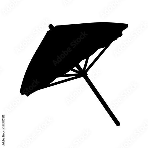A simple black silhouette illustration of an open umbrella or parasol on a white background