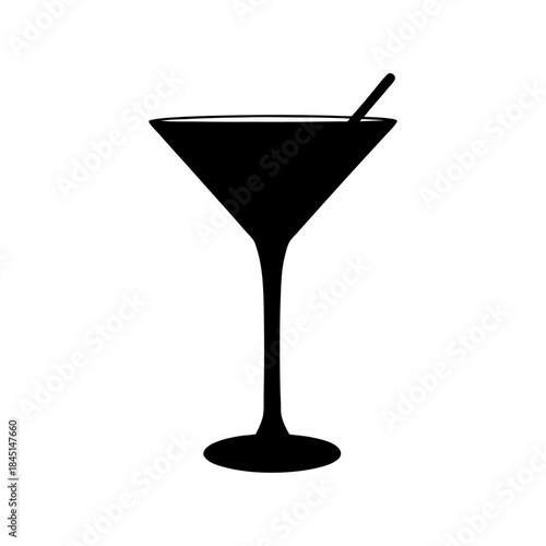 Minimalist black silhouette illustration of a classic martini glass with a stir stick