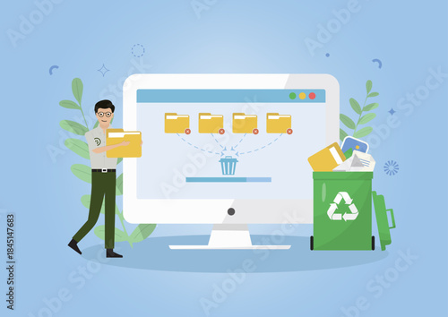 Man doing digital cleanup on desktop computer. Man carrying folders, desktop screen deleting files to trash, and green recycle bin with documents. Digital clean up day concept. Vector illustration