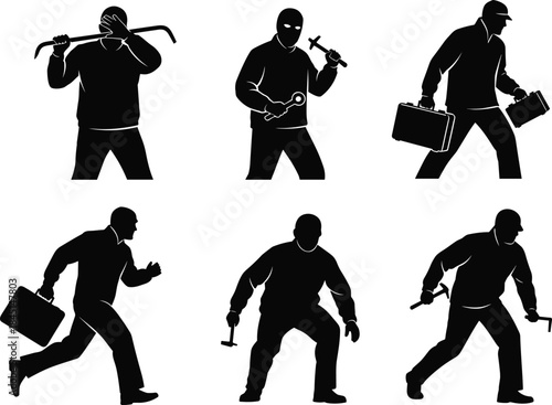 Collection of criminal silhouettes vector set including thief burglar robber in various action poses holding crowbar hammer briefcase breaking entering concept design element icon.