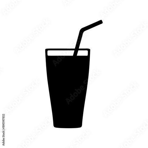 Black silhouette icon of a glass filled with a beverage and a straw for drinking