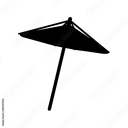 A simple black silhouette icon of a paper cocktail umbrella for summer drinks