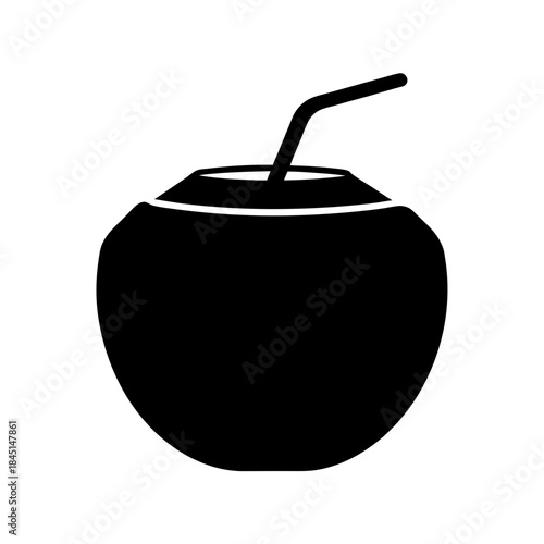 Black silhouette icon of a fresh coconut drink prepared with a straw for tropical refreshment
