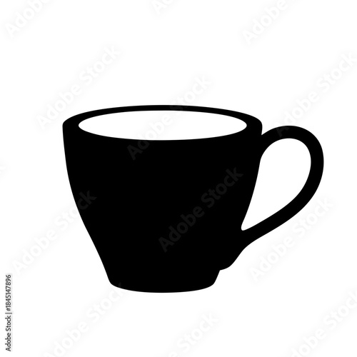 A minimalist black and white silhouette icon of a coffee mug representing a hot beverage