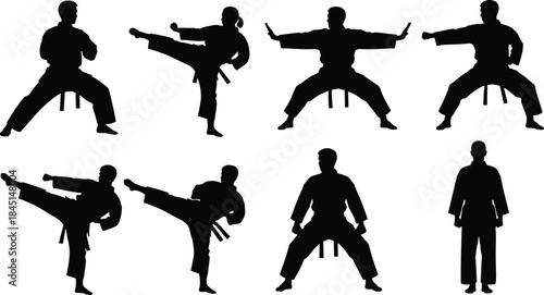 Collection of eight black silhouettes of karate and martial arts practitioners in various dynamic training, kicking, and fighting poses, isolated on white background.