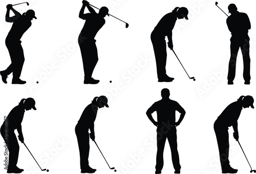 Collection of eight black vector silhouettes of male and female professional golfers in various swings, stances, and ready to hit the ball isolated on white, outdoor leisure sport.