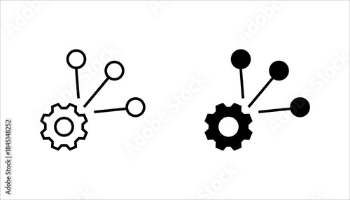 Process network gear line icon set.Line icon of a gear connected with multiple nodes symbolizing workflow, process management, system integration, and network operations.