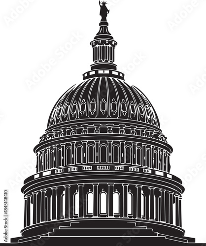 Black and white illustration of the united states capitol building dome