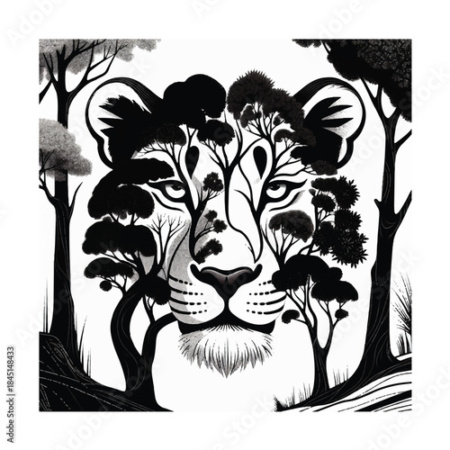Monochrome Lion and Forest Double Exposure Art
