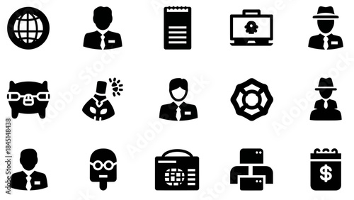 Diverse set of business and finance related icons, featuring a piggy bank, briefcase, and calculator