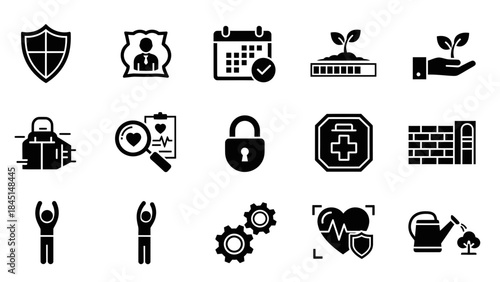 A versatile collection of flat design glyph icons illustrating essential concepts such as security, health, growth, planning, success, and well-being for diverse applications