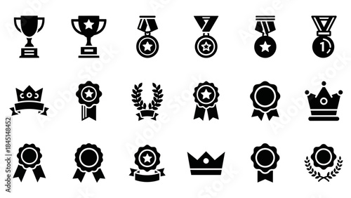 A comprehensive collection of diverse vector icons representing awards, trophies, medals, and badges, perfect for symbolizing success, achievement, and recognition in various design projects