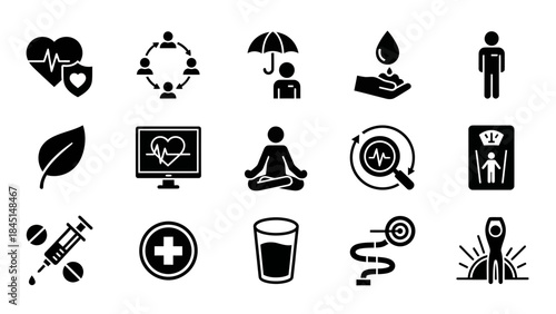 Collection of healthcare and wellness icons representing health, fitness, and medical services