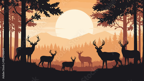 Majestic Herd of Deer Silhouetted Against a Vibrant Sunset in a Tranquil Forest Landscape