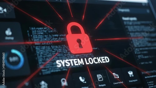 Cyber security warning screen with system locked message and red padlock
