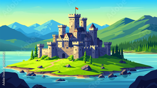 A majestic medieval castle stands proudly on a lush green island surrounded by tranquil blue water, with rolling hills and a vibrant sky in the background.