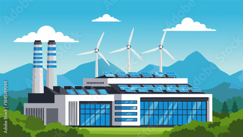 Modern industrial building with solar panels and wind turbines, symbolizing renewable energy and sustainability.