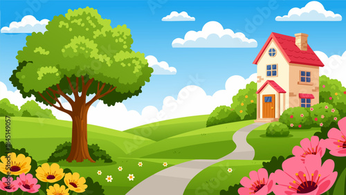 A charming cartoon illustration of a picturesque countryside scene with a cozy house, a large tree, rolling green hills, and vibrant flowers under a blue sky with fluffy clouds.