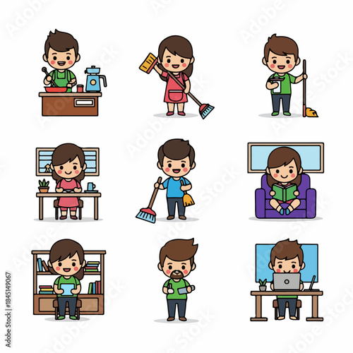 Set of cute cartoon characters illustrating various daily routines, including working from home, household chores, and relaxation activities.