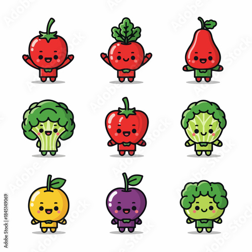 Adorable collection of nine happy cartoon fruits and vegetables, featuring tomato, broccoli, pear, and orange, isolated on white background.
