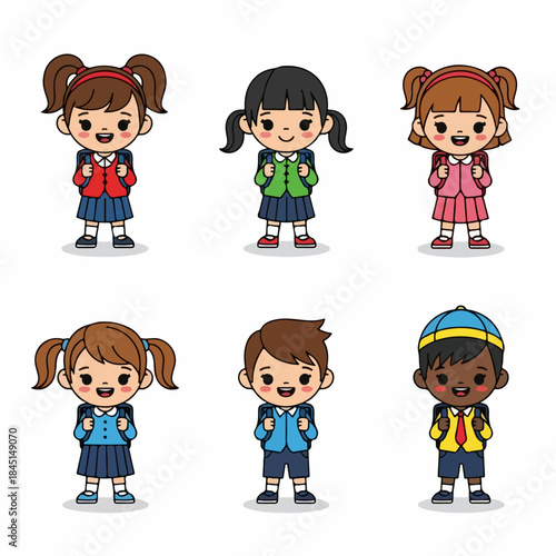 A group of smiling, diverse elementary school students in uniform with backpacks, ready for school.