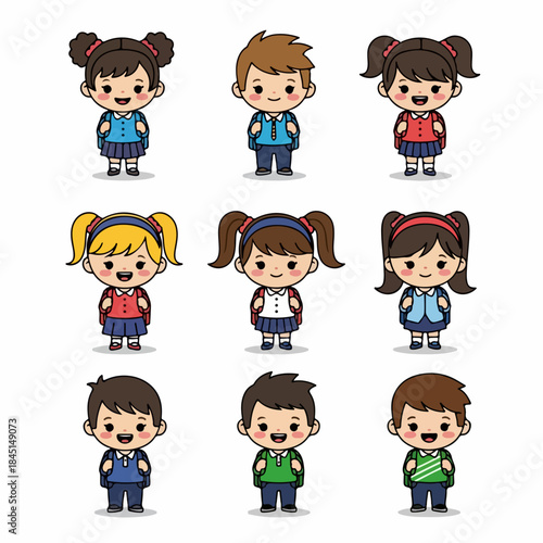 Set of cute vector cartoon illustrations featuring diverse school students with backpacks, smiling and ready for back to school.