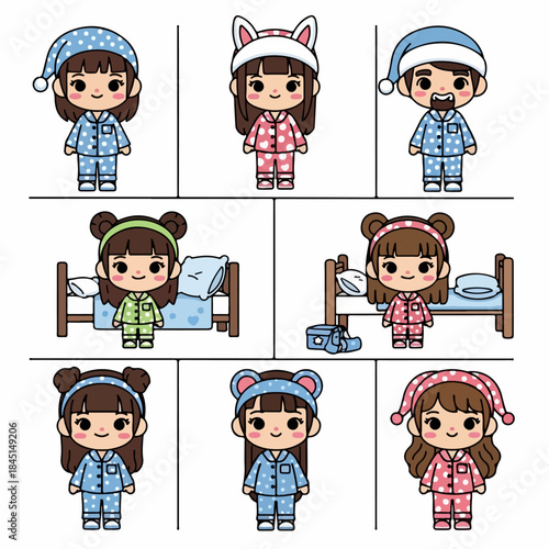 Cute cartoon characters in polka dot pajamas and assorted nightwear, including girls and a man, ready for sleep or a slumber party.