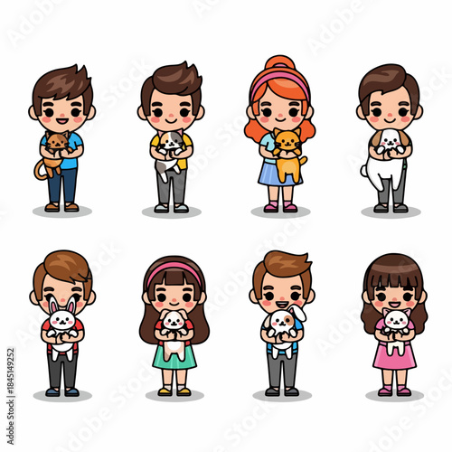 Collection of eight adorable cartoon characters, men and women, smiling while holding various beloved pets: cats, dogs, and rabbits.