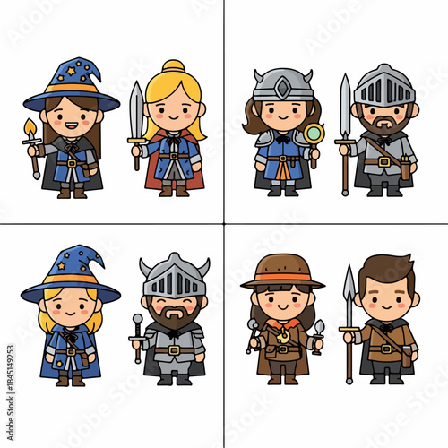 Cute Chibi Fantasy Role-Playing Game Characters Set: Wizards, Knights, and Adventurers in Various Medieval Outfits on a White Background.