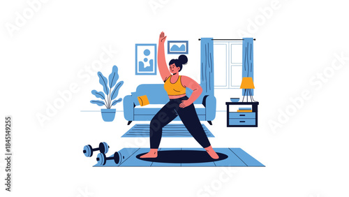 Person exercising at home with simple fitness equipment in modern flat vector style, healthy lifestyle concept, ideal for wellness, fitness, and home workout content