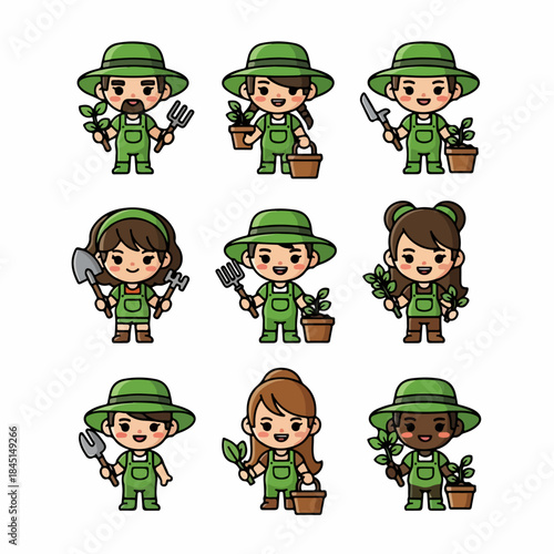 Cute chibi cartoon farmer and gardener characters set holding gardening tools, plants, and pots, isolated on white background.