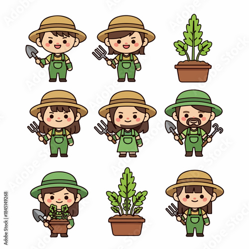 Cute cartoon set of diverse gardeners and potted plants holding tools like shovels and forks, isolated on white background, illustrating farming and horticulture.