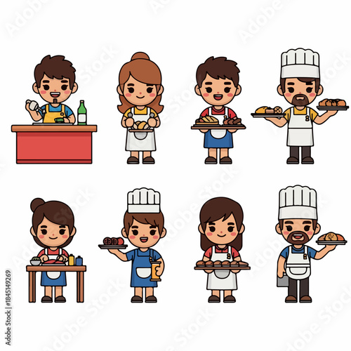 Adorable cartoon characters illustrating a diverse range of chefs, cooks, and bakers with aprons and freshly prepared culinary items.