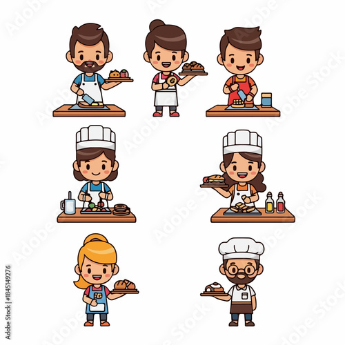 A collection of diverse cartoon chefs and bakers preparing and serving various delicious foods like bread, burgers, and pastries.