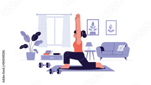 Person exercising at home with simple fitness equipment in modern flat vector style, healthy lifestyle concept, ideal for wellness, fitness, and home workout content